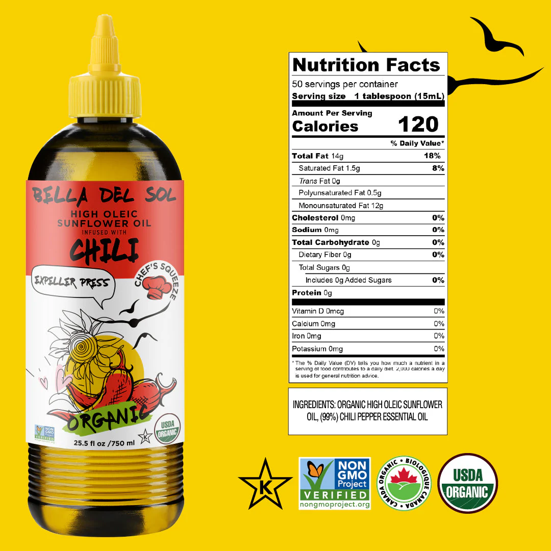 Bella Del Sol Squeezable Organic High Oleic Sunflower Oil Infused with Chili - Image 9