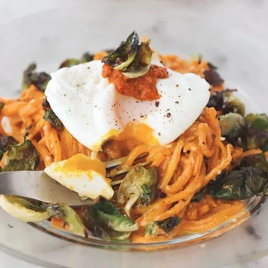 Butternut Squash Noodles With Harissa Cashew Cream And Crispy Brussels Sprout Chips - Image 3